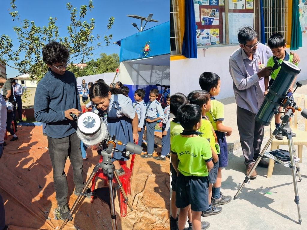 Students observing through telescopes, guided by an adult