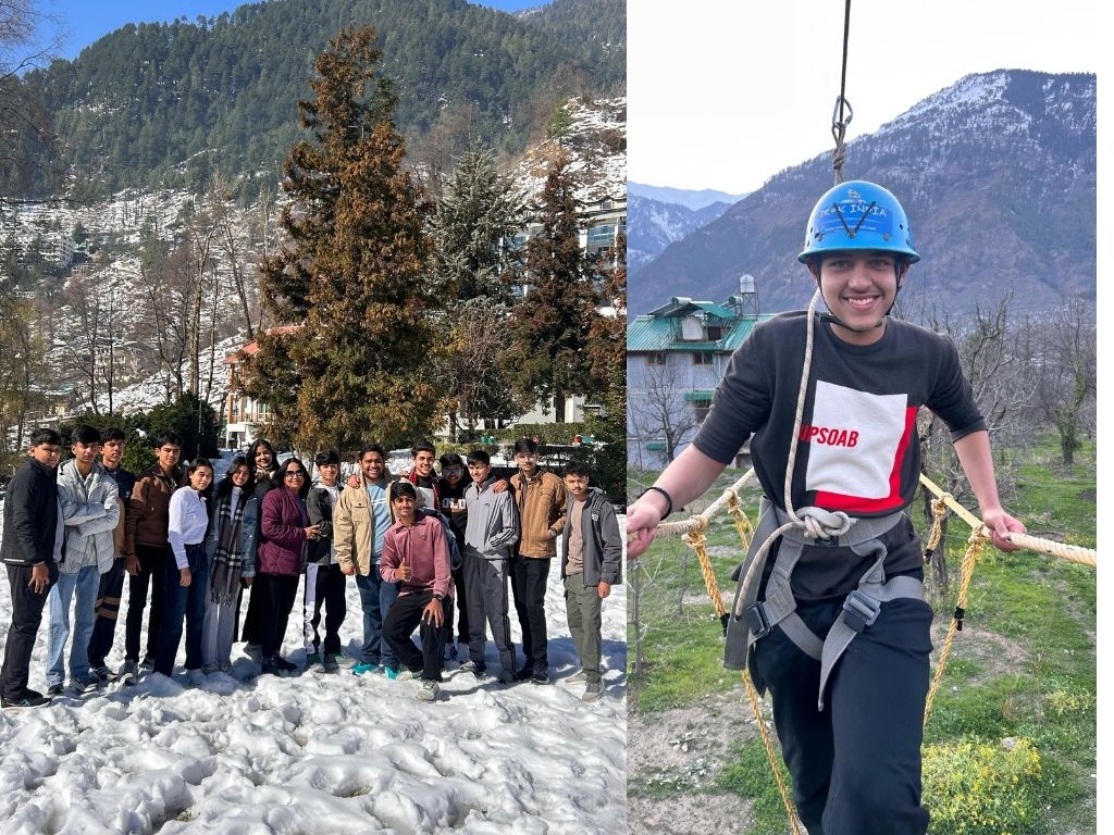 Students in snowy landscape and on a rope course