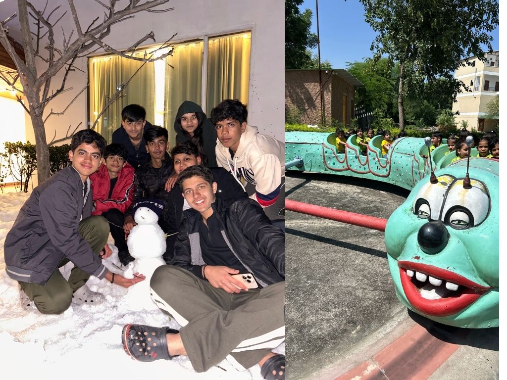 Boys with a snowman and children on a caterpillar ride